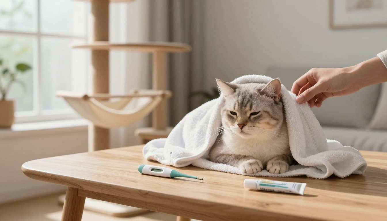 A fluffy domestic cat wrapped in a soft white towel relaxes on a wooden table in a bright Scandinavian interior while a hand gently lifts its tail base next to a digital thermometer and lubricant.