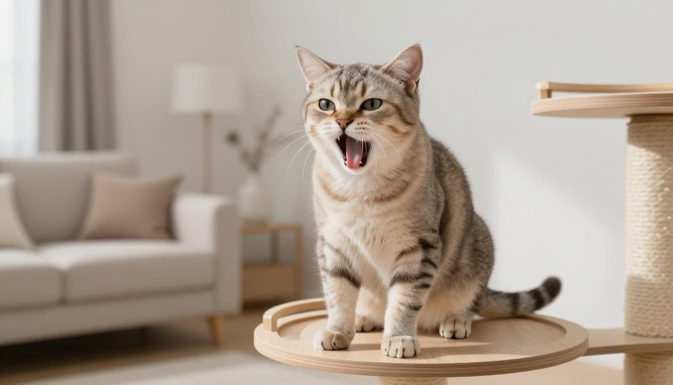 A short-haired domestic cat exhibits respiratory distress with open mouth, protruding tongue, bluish tint, extended neck, and spread elbows on a wooden cat tree in a bright, minimalist Scandinavian living room.