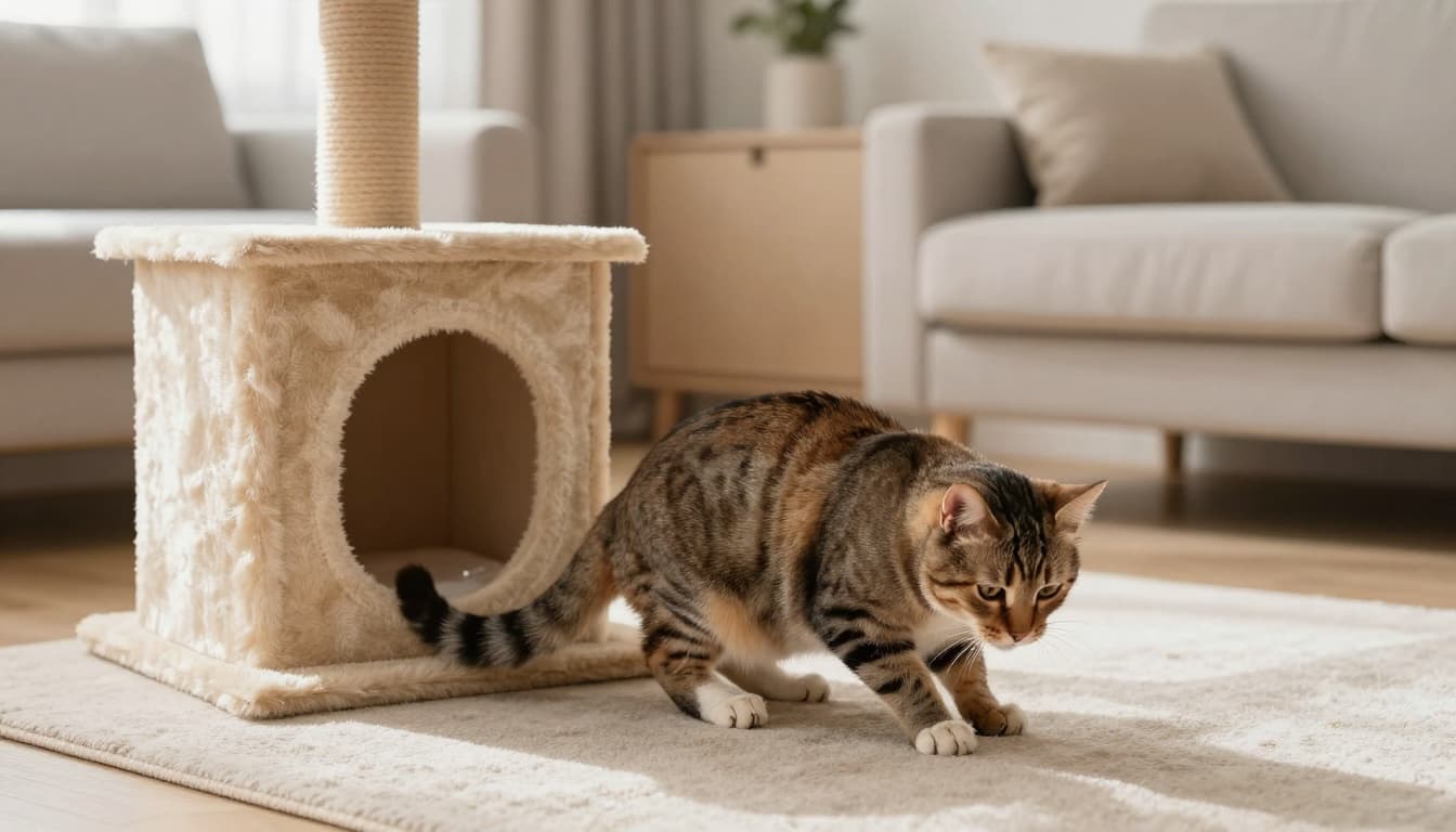 Bright modern Scandinavian living room bathed in natural sunlight, featuring minimalist decor and a concerned adult cat rubbing its rear on the soft rug near a premium cat tree, conveying subtle anal discomfort in a cozy premium lifestyle photo.