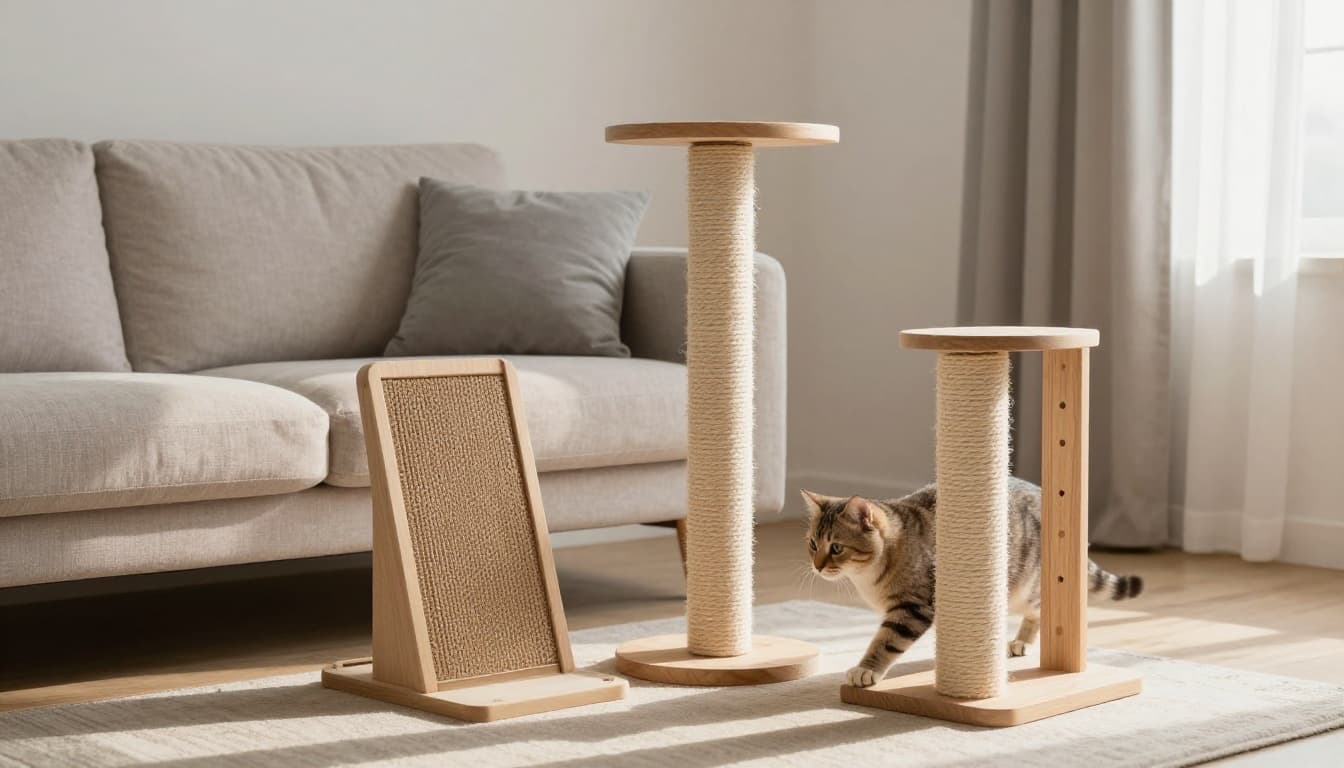 Various scratching posts like sisal rope tower, cardboard scratcher, and wooden post near a sofa in a bright minimalist Scandinavian living room, with a curious cat approaching amid natural light and cozy tones.