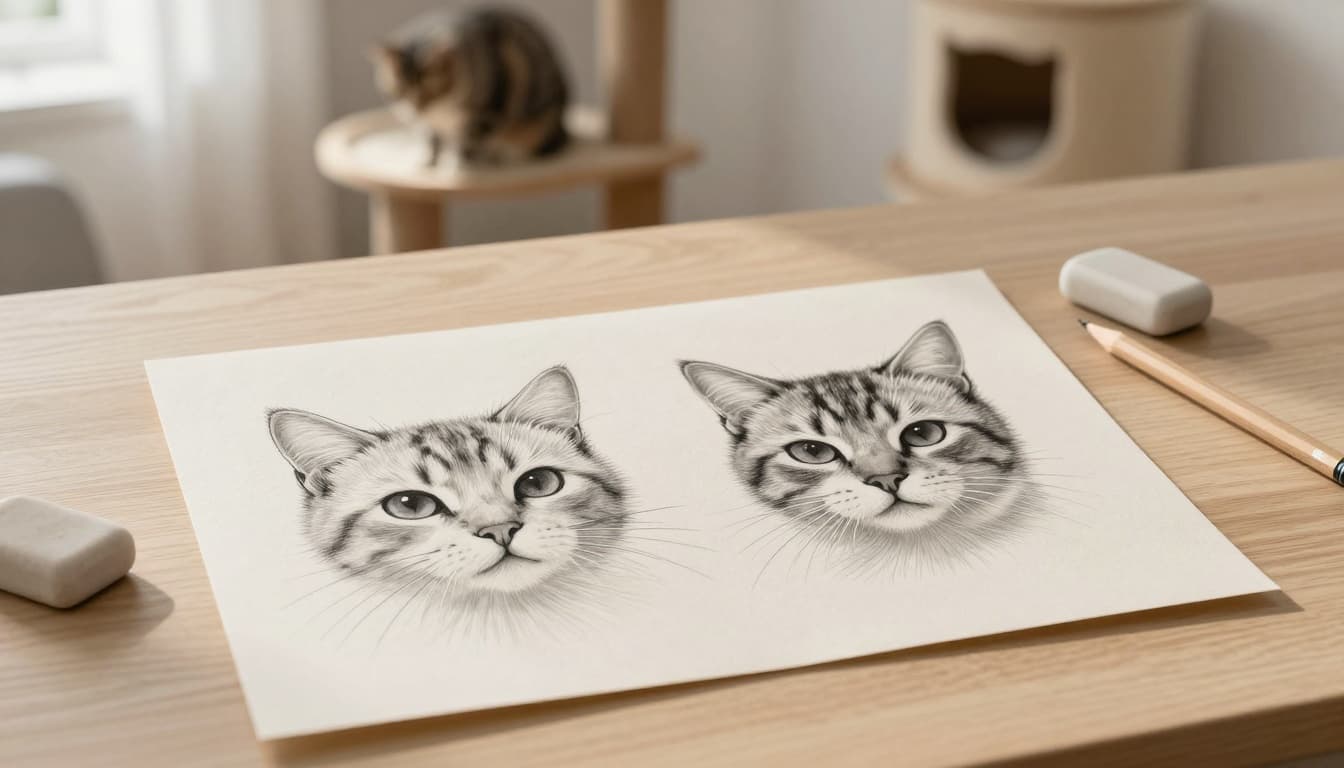 In a minimalist Scandinavian interior, a wooden desk shows two cat face sketches—one flat with missing whiskers, the other realistic with fine whisker lines and fur strokes—near a pencil and eraser, with a blurred cat on a Meowood tree in the background.
