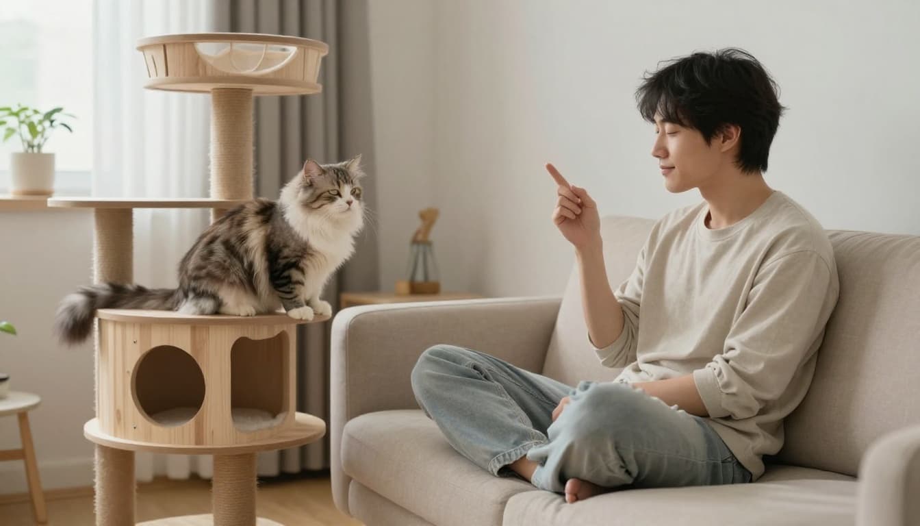 In a serene Scandinavian living room with minimalist neutral decor, a fluffy cat on a wooden cat tree slow blinks at a person on a beige sofa, conveying trust in a warm cozy atmosphere.