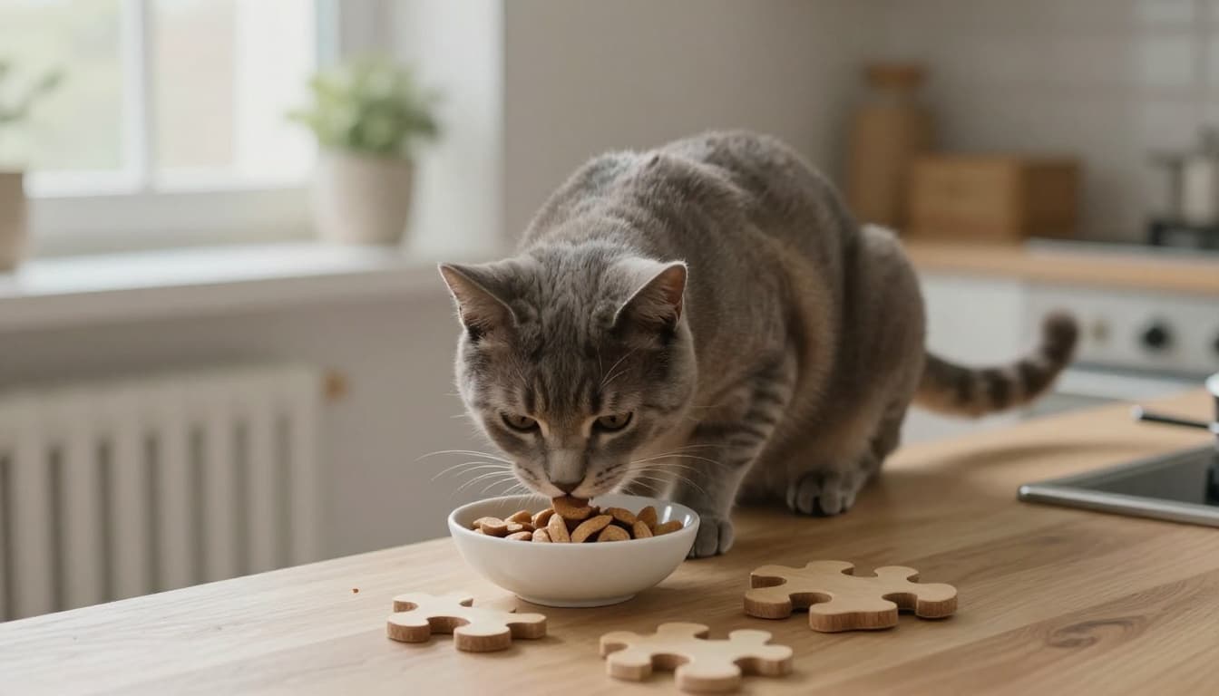 A domestic cat slowly eats kibble from an anti-gulping puzzle bowl on a light wooden counter in a bright, cozy Scandinavian kitchen with natural light and a premium cat tree in the background.