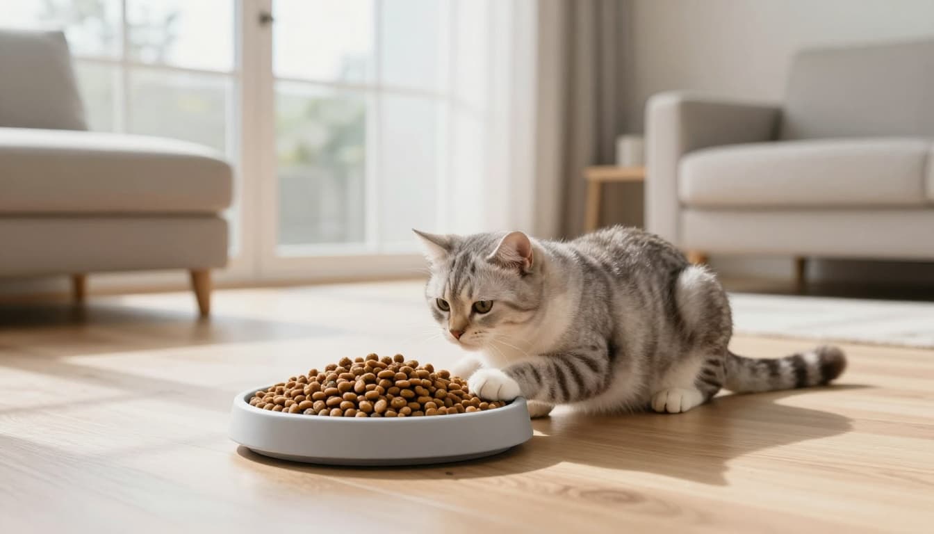 A relaxed domestic cat interacts with a slow-feeder puzzle toy filled with kibble on a light wooden floor in a bright Scandinavian minimalist living room with natural light and neutral tones.