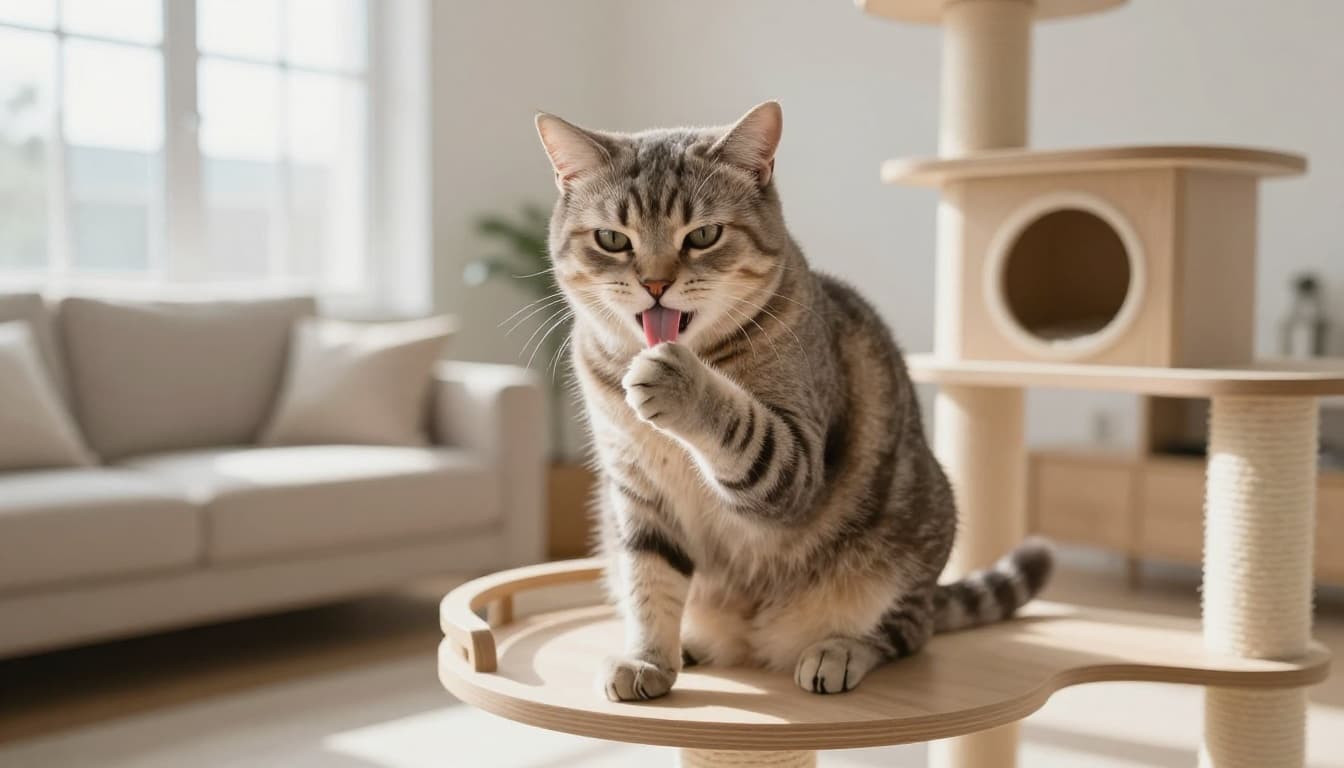 A domestic short-haired cat sits uncomfortably on a stylish wooden cat tree in a bright Scandinavian living room, tongue slightly protruding while pawing at its mouth. Realistic premium lifestyle photo with soft depth of field and cozy atmosphere.