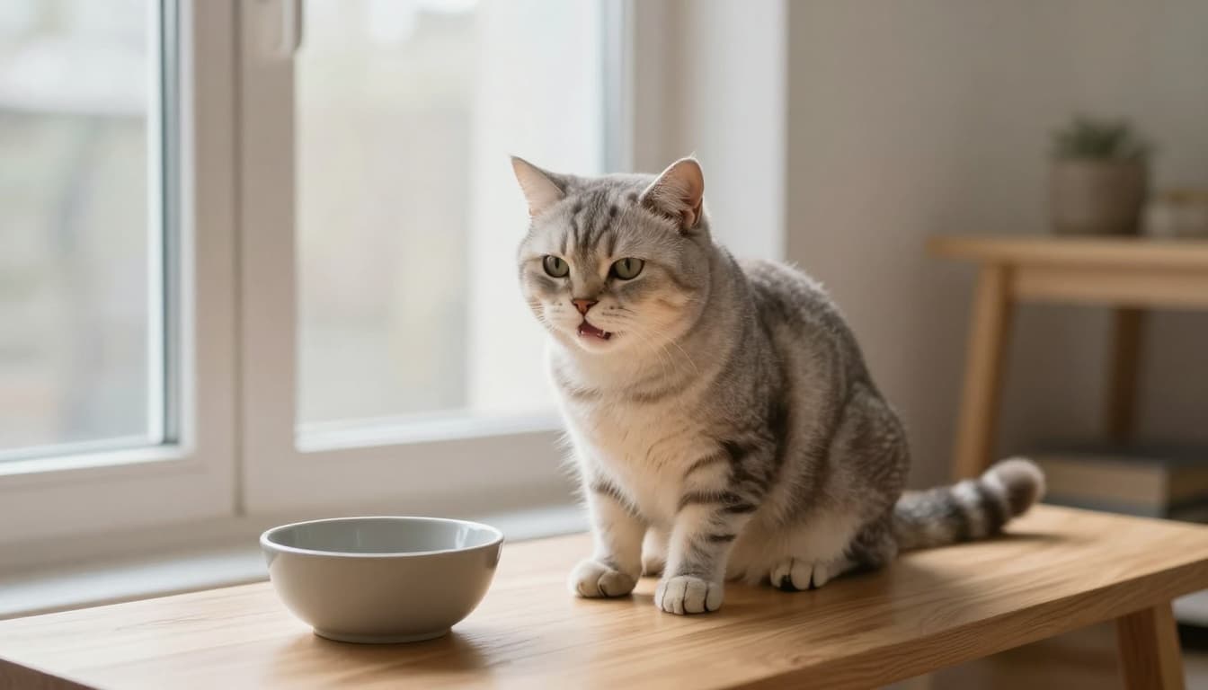 A cat appears uneasy with a paw to its mouth suggesting dental pain, in a bright, minimalist Scandinavian interior featuring light wood furniture, neutral tones, soft natural light, a fresh water bowl, and a blurred wooden cat tree in the background.