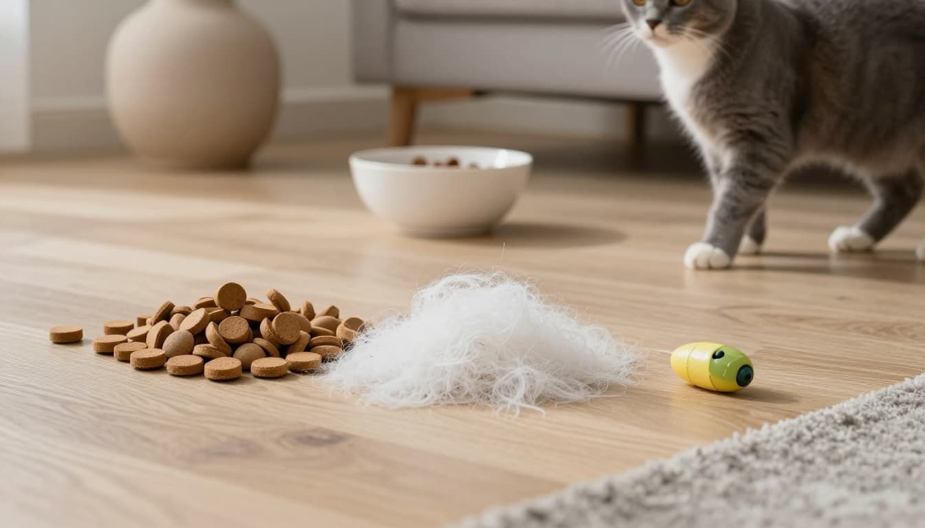 Close-up on light parquet floor in modern Scandinavian living room showing cat vomit varieties: intact kibble pile, white foam puddle, yellowish-green bile spot with cat hairs, blurred background with kibble bowl and cat paws.