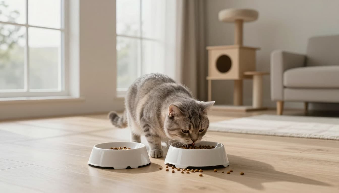A domestic shorthair cat with a hunched posture vomits undigested kibble near a slow-feed anti-glutton bowl on a light wood floor in a bright, minimalist Scandinavian living room bathed in natural light.