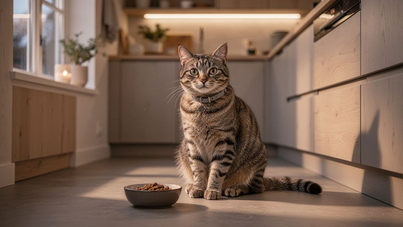 A content cat with a collar sits relaxed near a food bowl during evening routine in a warm, minimalist Scandinavian kitchen with soft ambient light and blurred cozy background.