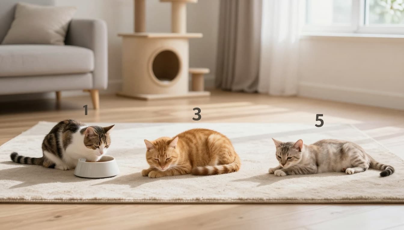 A subtle sequence illustrating a cat's decline over days—from alert to lethargic and thin—in a modern Scandinavian living room, using poses, lighting, and soft focus without text labels.