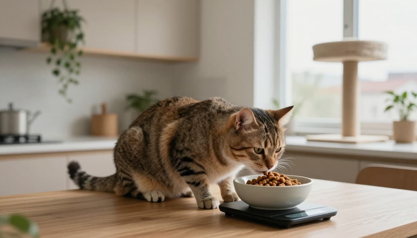 In a bright natural light-filled Scandinavian kitchen with minimalist decor, a calm adult cat eats from a precisely weighed 50g portion of kibble in a ceramic bowl next to a digital kitchen scale showing around 50g, on the wooden table. Stable premium cat tree in the background near window with blurred city view.