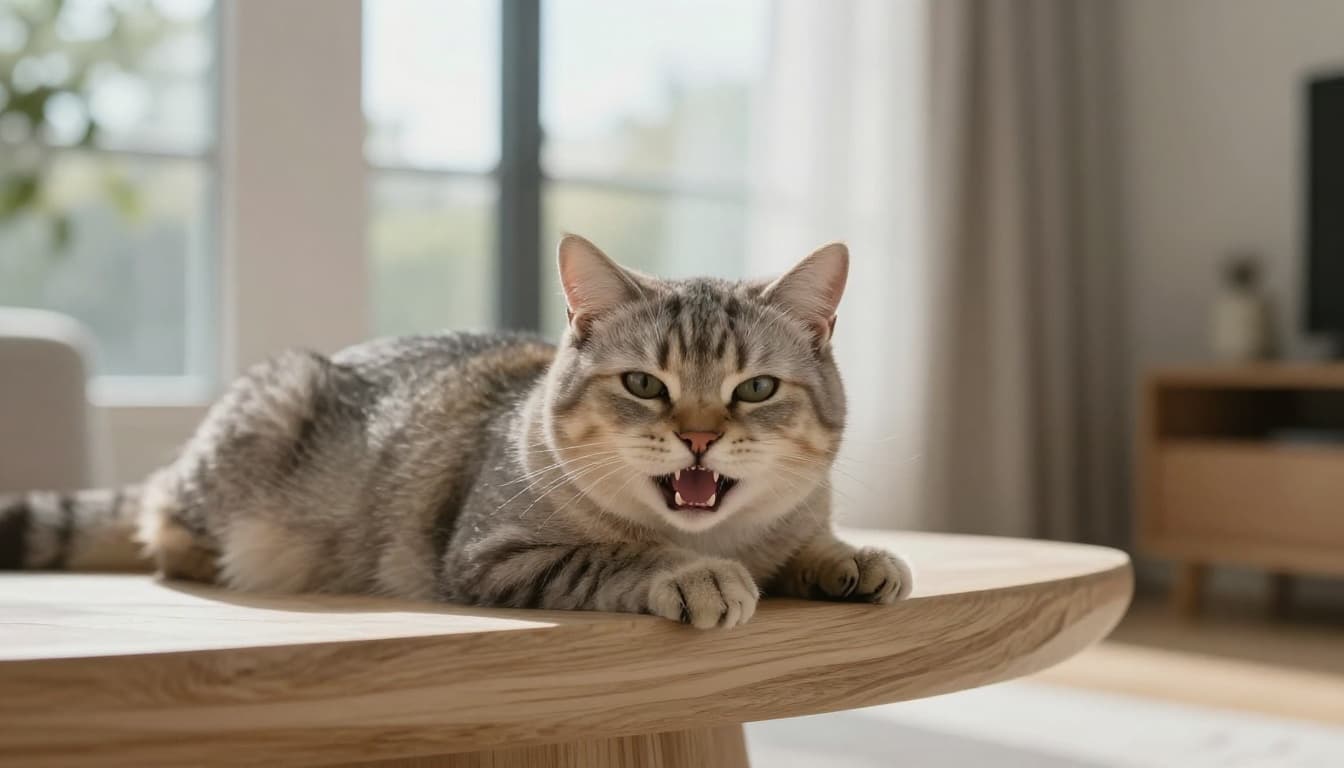 An adult short-haired cat relaxes on an elegant light wood cat tree in a modern Scandinavian living room bathed in natural light, yawning widely to reveal brown tartar on teeth, red swollen gums, and a slightly broken premolar.