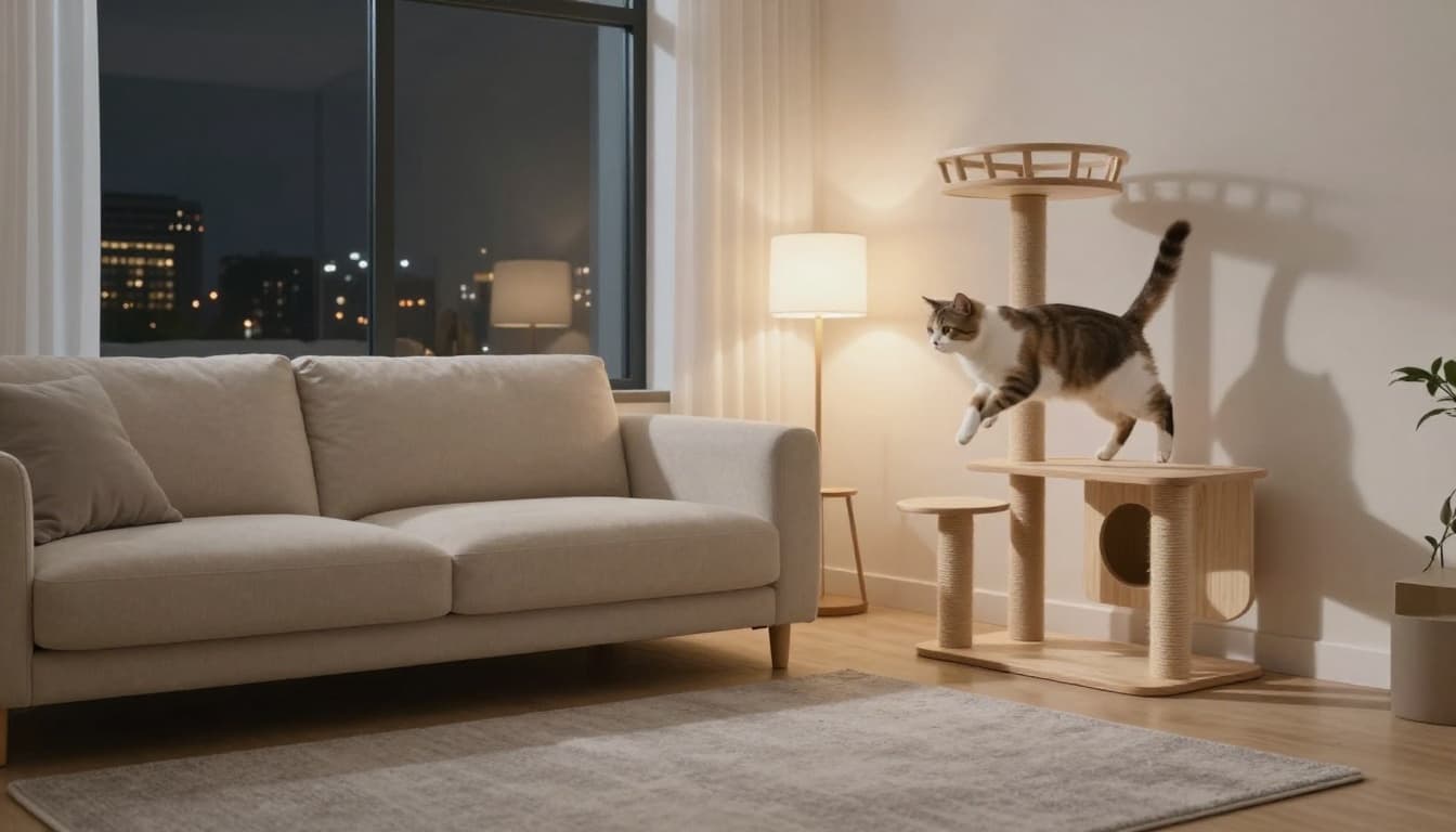 An energetic cat dashes across a minimalist Scandinavian living room during night zoomies, leaping playfully near a stylish light wood cat tree. The cozy space features a beige sofa, soft grey rug, large window with city lights, and dim warm lamp light.