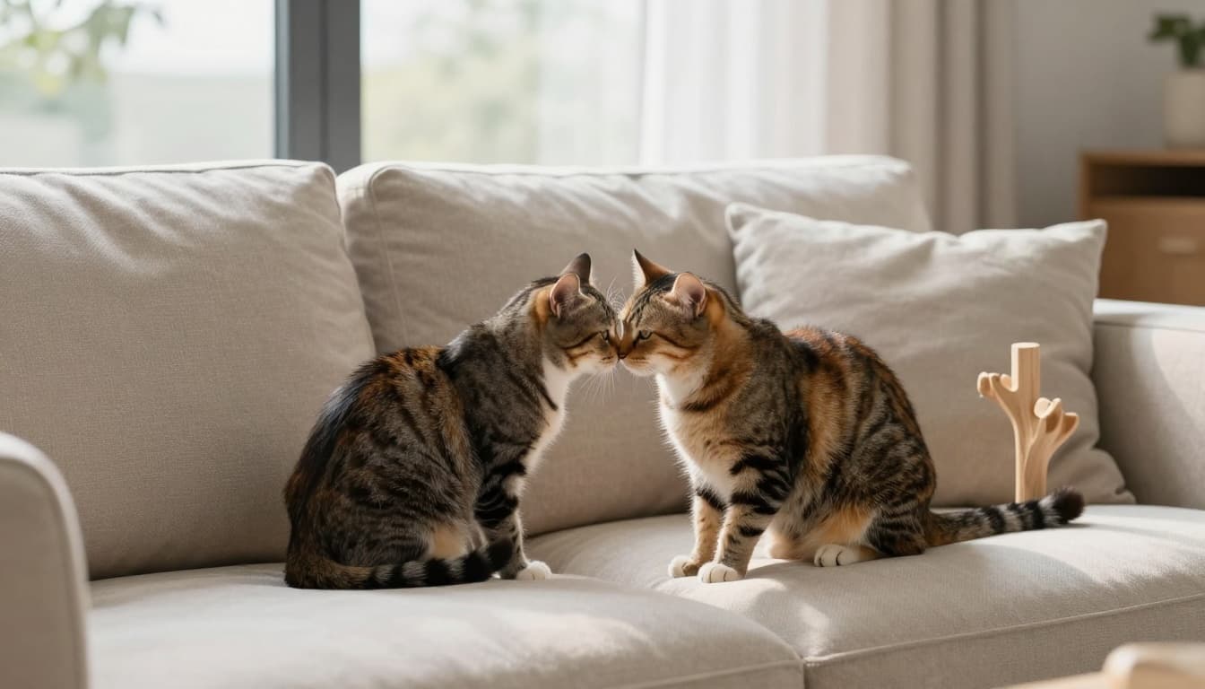 Two adult cats affectionately lick each other's heads on a soft beige sofa in a modern minimalist Scandinavian living room, with natural light streaming through a large window and a stylish light wood cat tree nearby.