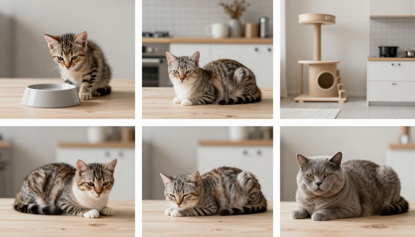Various cats depicting different ages and health conditions: a weak young kitten, tired elderly cat with thin fur, and obese cat, set in vignettes on a light wood surface in a bright minimalist Scandinavian kitchen with neutral tones, fresh water bowls, and wooden cat tree.