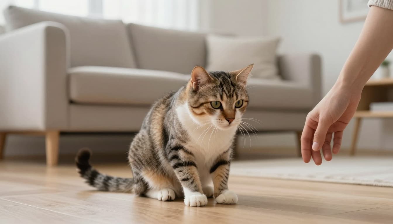 A beautiful cat with slightly turned-back ears and swishing tail sits tense yet non-aggressive near a withdrawn hand on a light wood floor, in a minimalist Scandinavian living room with natural light.