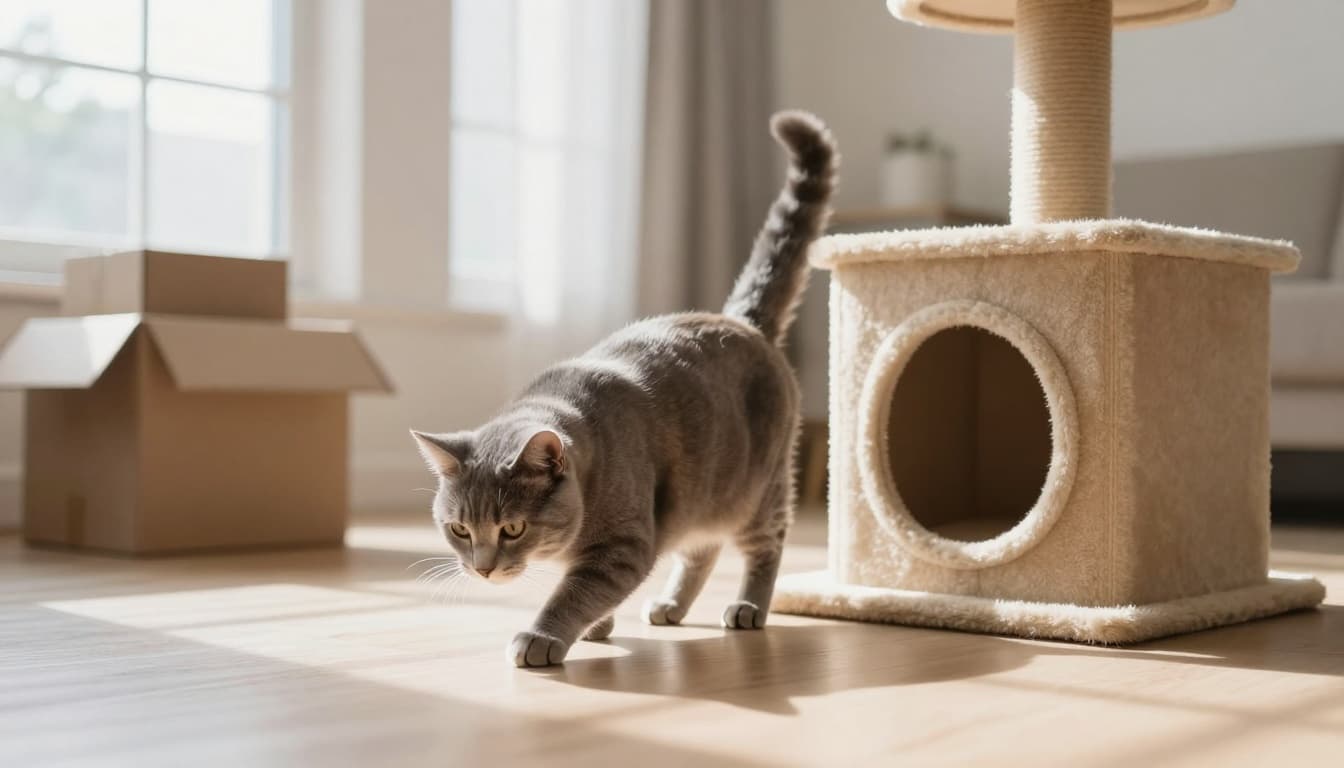 An adult cat cautiously explores a cozy Scandinavian apartment after moving in, with unpacked boxes and a premium cat tree nearby, bathed in bright natural daylight.