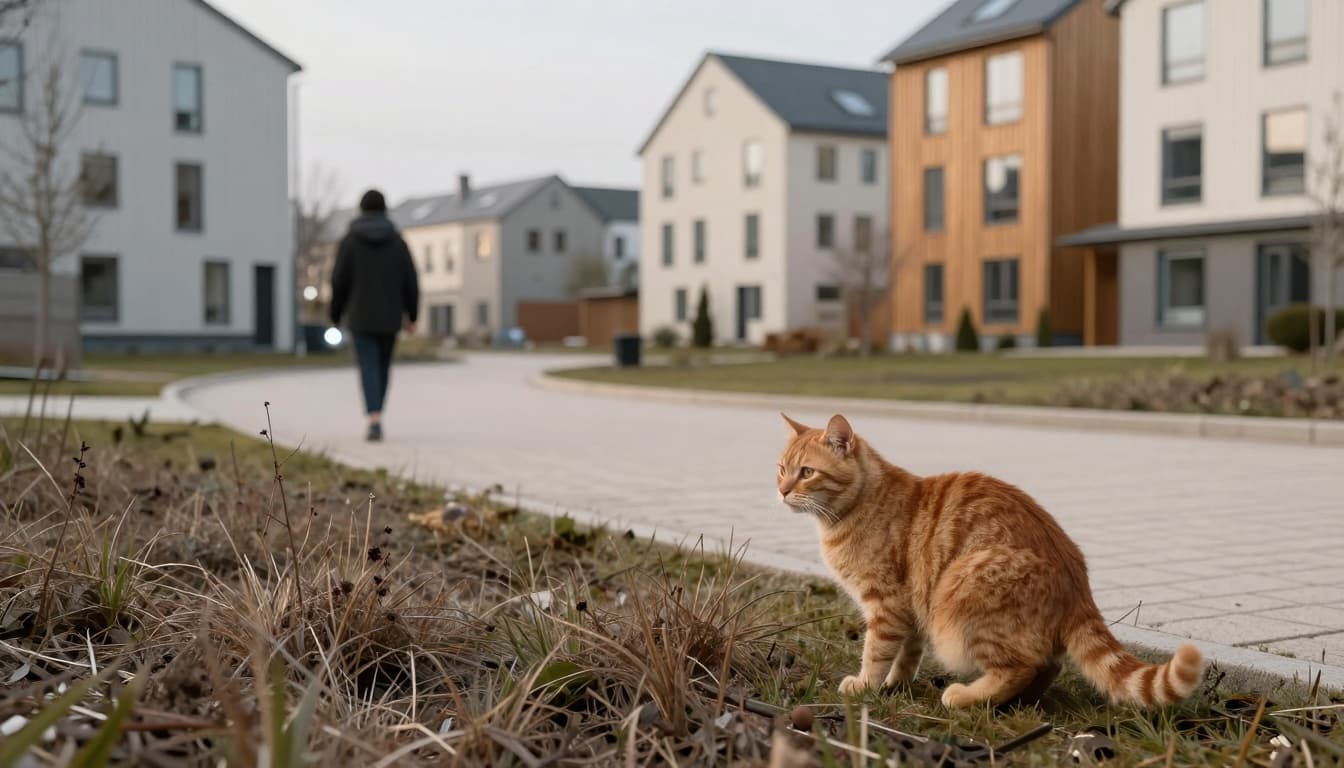 A ginger cat watches cautiously from a dense hedge in a quiet residential area with modern Scandinavian-style houses, soft morning light, minimalist gardens, and a distant person searching with a flashlight.