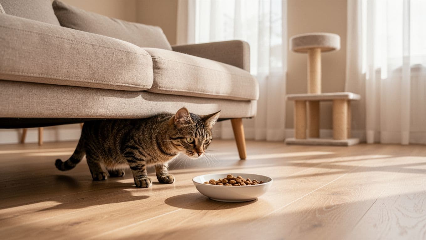 A cautious adult tabby cat with sleek fur peeks out from under a low beige sofa, eyes fixed on a shallow white ceramic bowl of kibble on the light wooden floor in a bright minimalist Scandinavian living room.