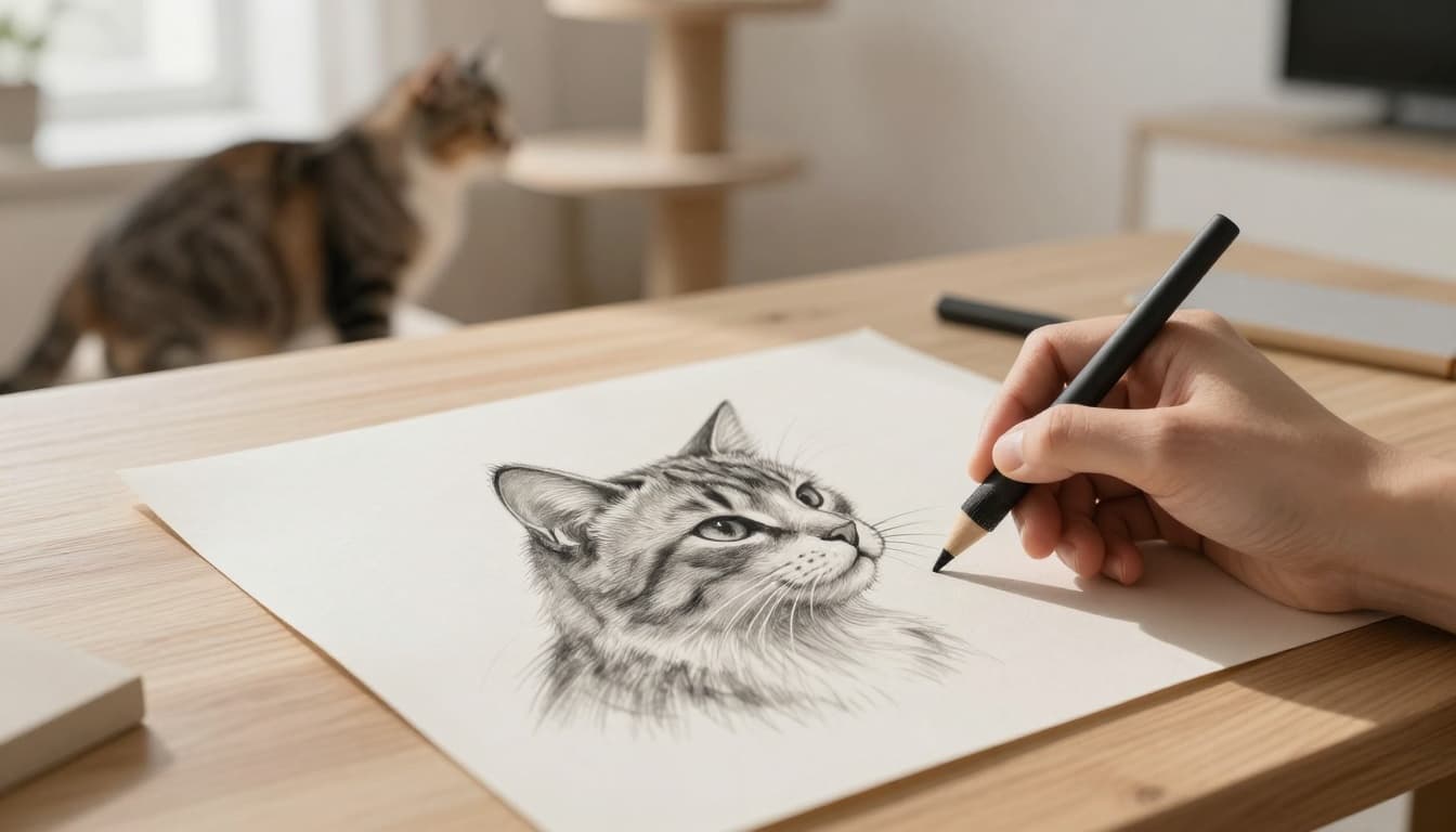 In a luminous minimalist Scandinavian interior, a hand holds a charcoal stick to add depth to a detailed cat profile sketch on textured paper, with a blurred cat on a Meowood cat tree in the background.