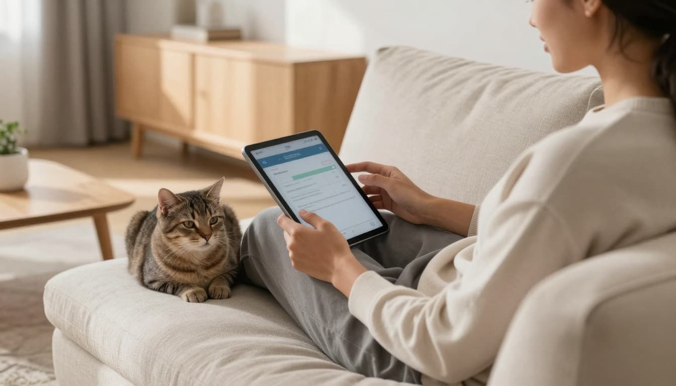 In a bright Scandinavian living room with minimalist decor, a relaxed person sits on a cozy sofa examining cat insurance options on a tablet, with a serene indoor cat curled up beside them.