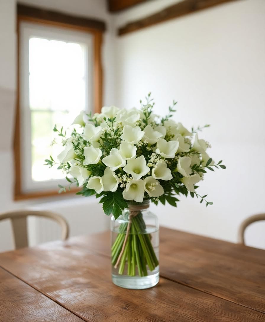 Bouquet bohème chic de muguet, hortensias verts, eucalyptus et gypsophile, lumière douce naturelle
