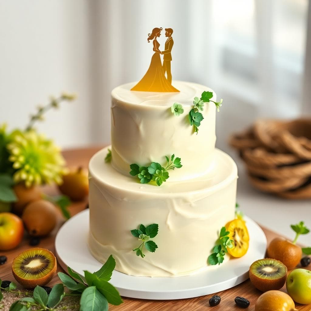 Gâteau crème deux étages avec touches vert émeraude et topper discret