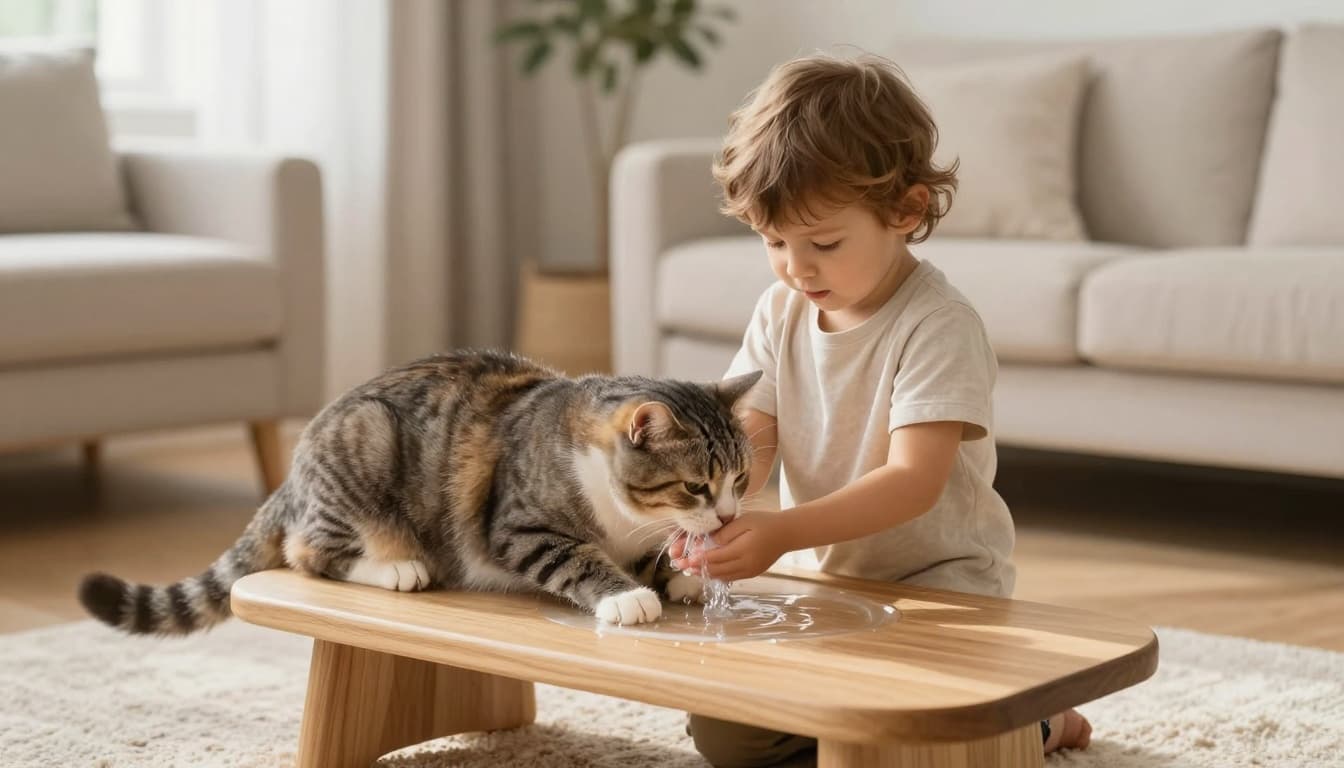 In a bright modern Scandinavian living room, a 4-year-old child washes hands at the sink after petting a serene cat on a cat tree, while the mother cleans the litter box with gloves. Warm cozy atmosphere with natural light, light wood furniture, and neutral tones emphasizes reassuring hygiene.