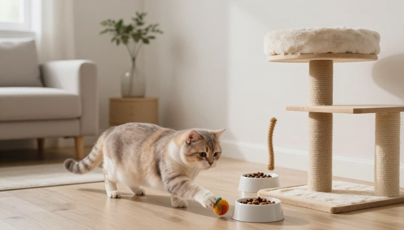In a bright natural light-filled minimalist Scandinavian living room with neutral beige and light wood tones, a slightly overweight adult cat actively plays with a toy near small food bowls and a premium cat tree.