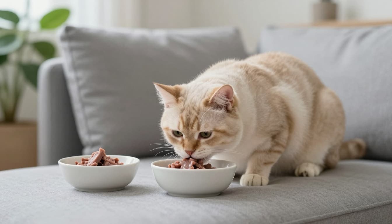 A calm, chubby sterilized adult cat eats a small portion of wet food from a ceramic bowl in a bright, serene Scandinavian interior with soft natural light, minimalist plants, and light wood floors, emphasizing portion control and satiety.