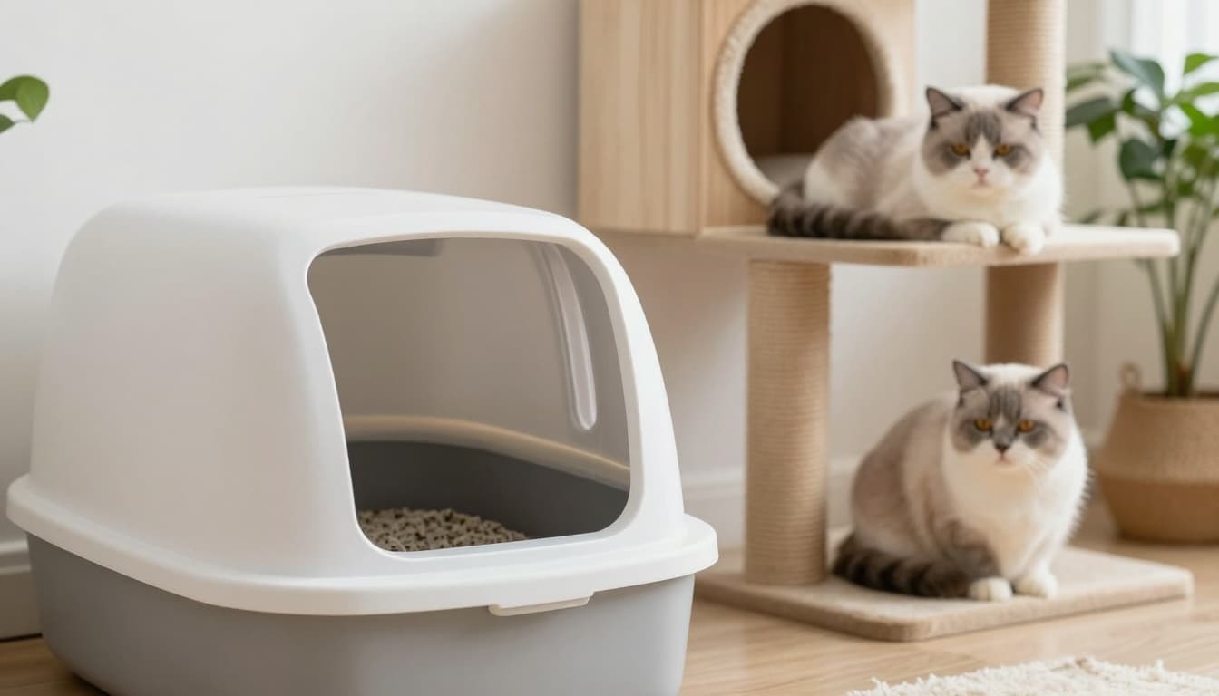 Close-up of a pristine modern litter box in a serene Scandinavian living room corner, featuring two relaxed cats on a premium cat tree amid minimalist decor and natural light.