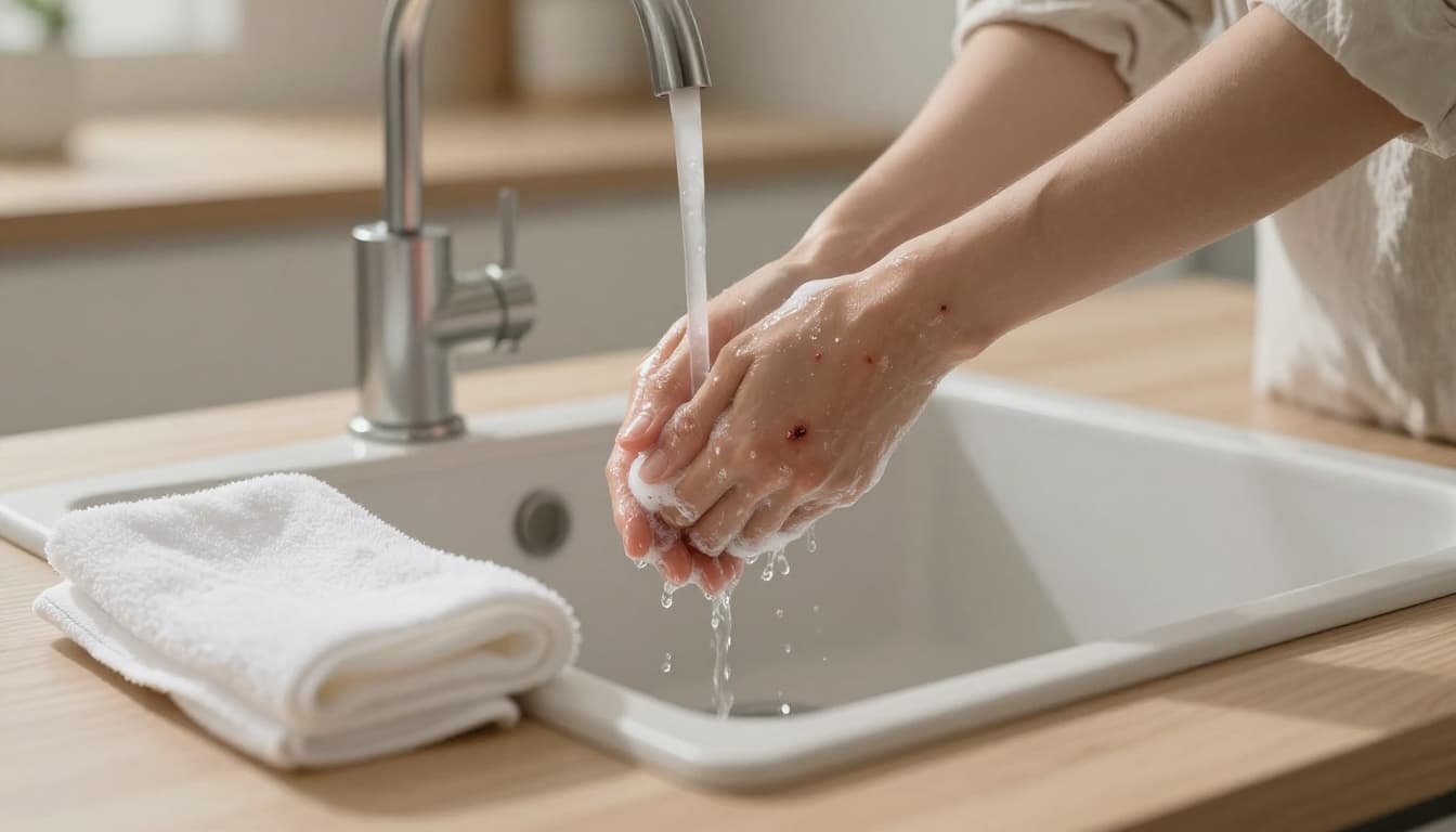 In a bright Scandinavian kitchen with minimalist decor, a person's hand bearing a small superficial cat bite is carefully washed under cool running water at a clean sink, with mild soap and a soft towel nearby.