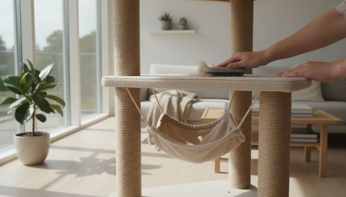 A person uses a rubber brush to remove cat hair from a modern cat tree platform in a bright Scandinavian living room with natural light and minimalist decor.