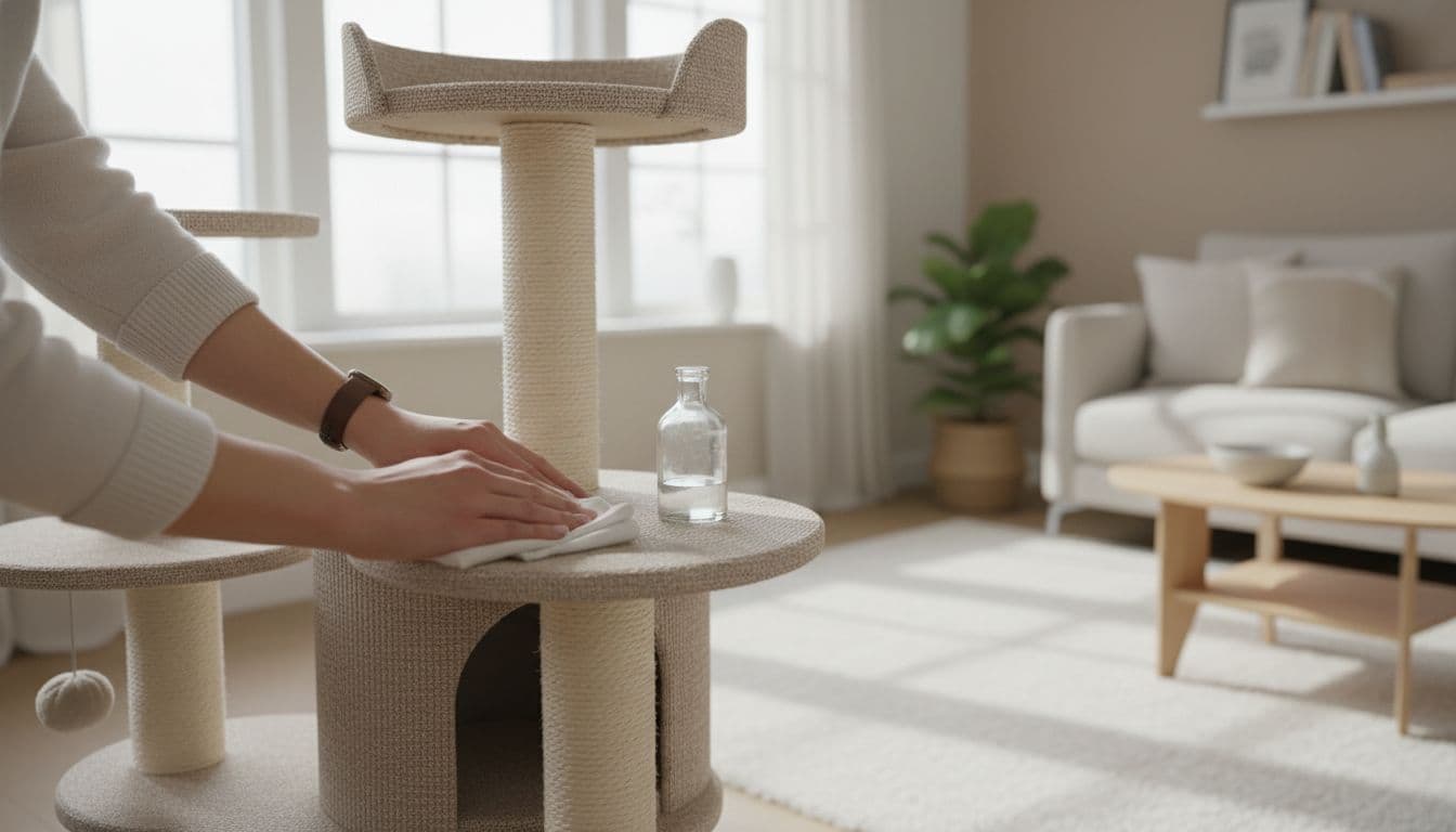 In a bright, minimalist Scandinavian living room with neutral tones, a person gently blots a urine-stained area on an elegant cat tree platform using a diluted vinegar solution and white cloth.