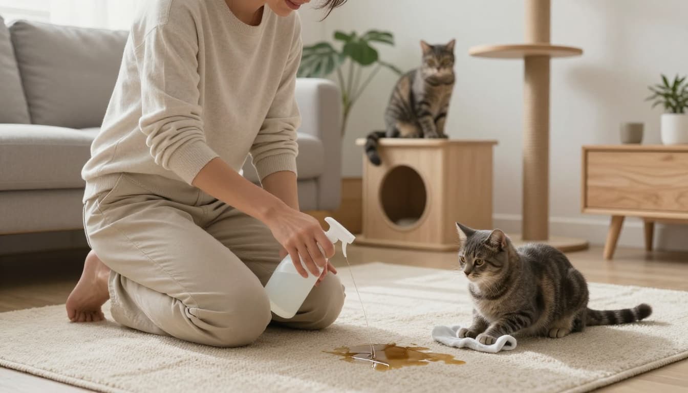 In a bright minimalist Scandinavian living room, a person kneels on a light beige rug spraying enzymatic cleaner on a fresh urine stain, with a calm gray tabby cat watching from a wooden cat tree in the background.