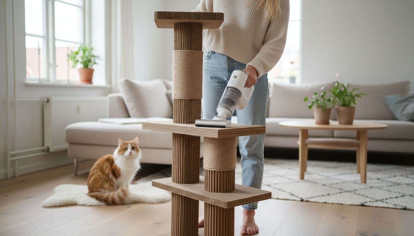 In a bright Scandinavian living room with minimalist decor, a person gently vacuums cat hair and dust from a DIY cardboard cat tree while the cat watches curiously.