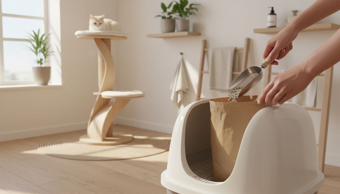 Clean hands gently scooping waste from a modern cat litter box into a bag in a bright sunlit Scandinavian minimalist bathroom. A relaxed cat watches curiously from a stylish wooden cat tree amid neutral tones and light wood elements.