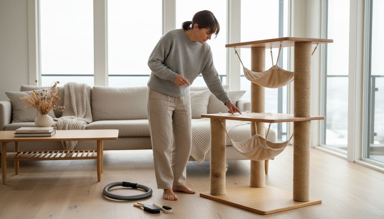 A person inspects and points to dirty areas on a modern cat tree in a bright Scandinavian living room, with cleaning tools nearby.