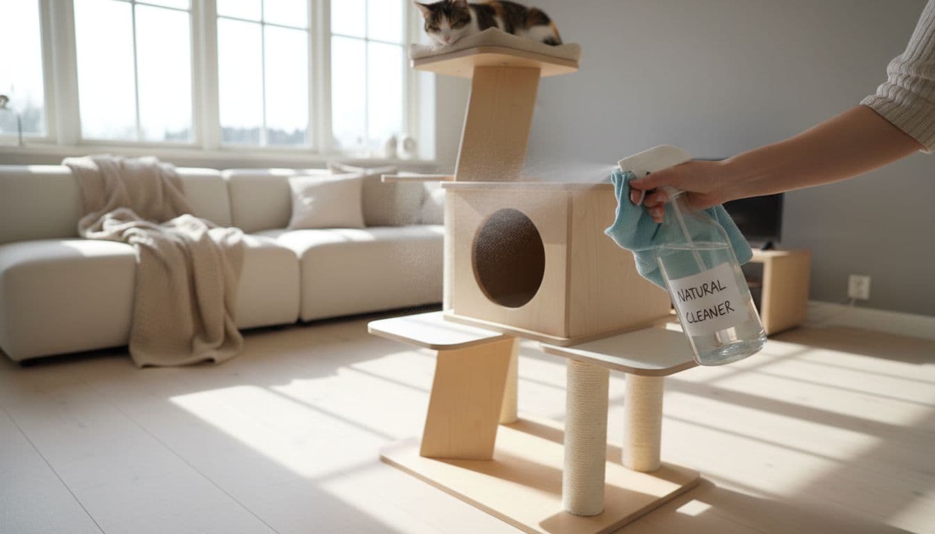 Bright natural light illuminates a minimalist Scandinavian living room where a person sprays homemade cleaning solution on a modern cat tree's surfaces and wipes gently with a microfiber cloth.