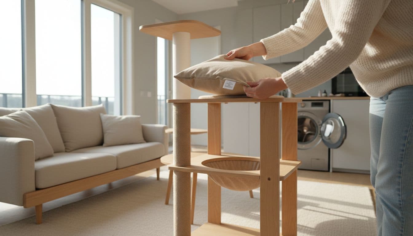 In a bright Scandinavian living room with minimalist decor, a person removes washable cushions from an elegant cat tree, checks the care label, and loads them into a front-loading washing machine.