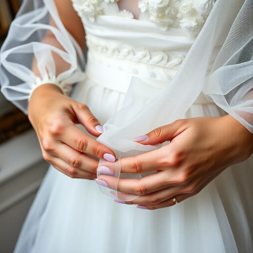 Gros plan sur la coupe propre d’un tulle de robe, ciseaux aiguisés et ourlet roulotté en préparation