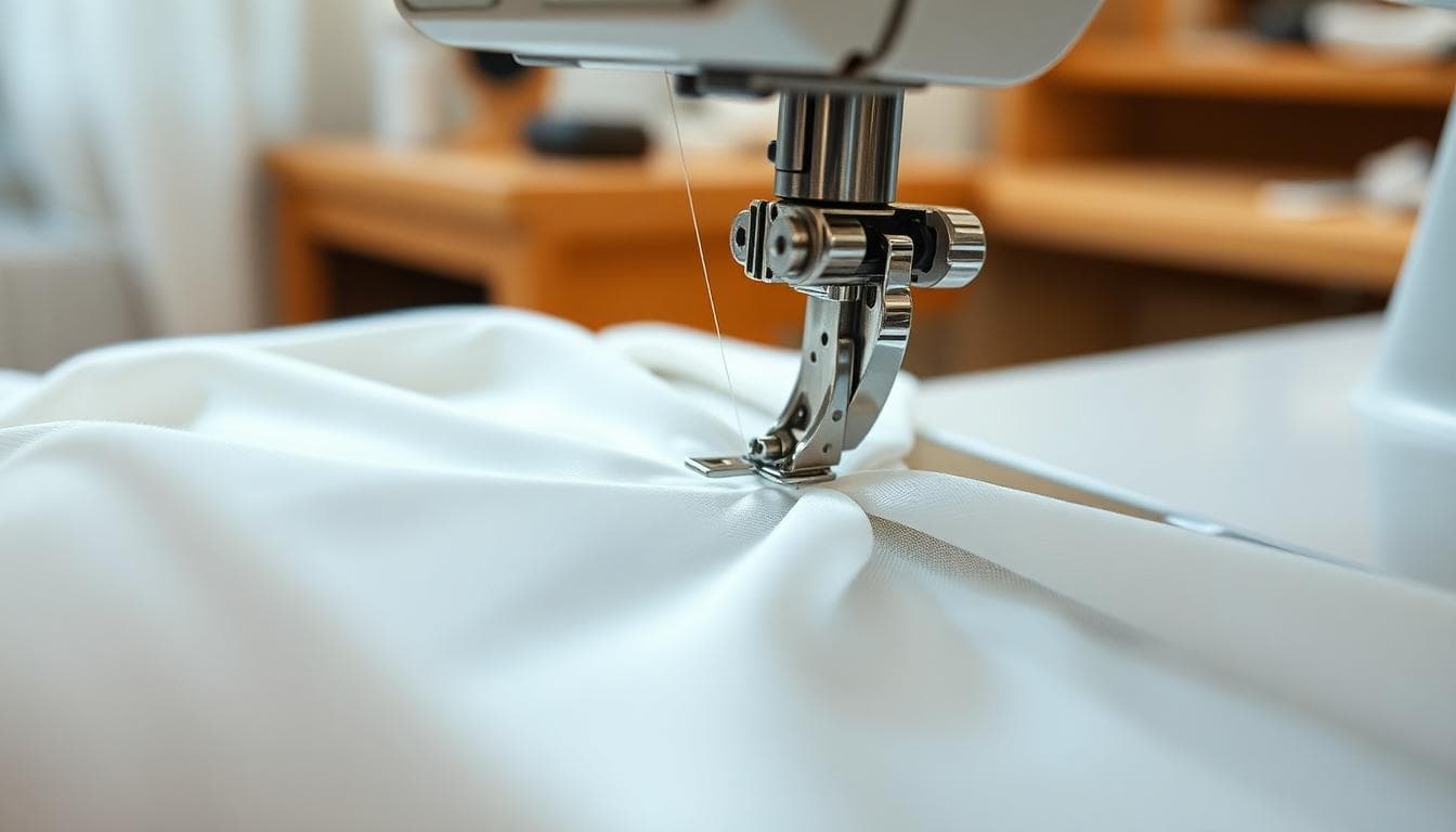 Machine à coudre avec pied ourleur réalisant un roulotté fin sur tissu fluide