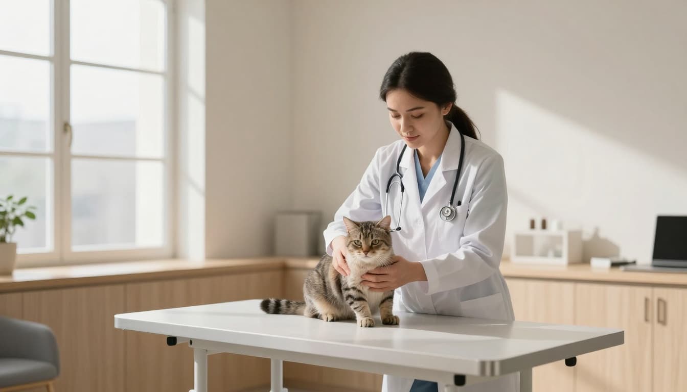 A compassionate veterinarian gently holds a calm senior cat on an exam table in a bright, minimalist veterinary clinic featuring Scandinavian interior design with neutral tones and natural light.