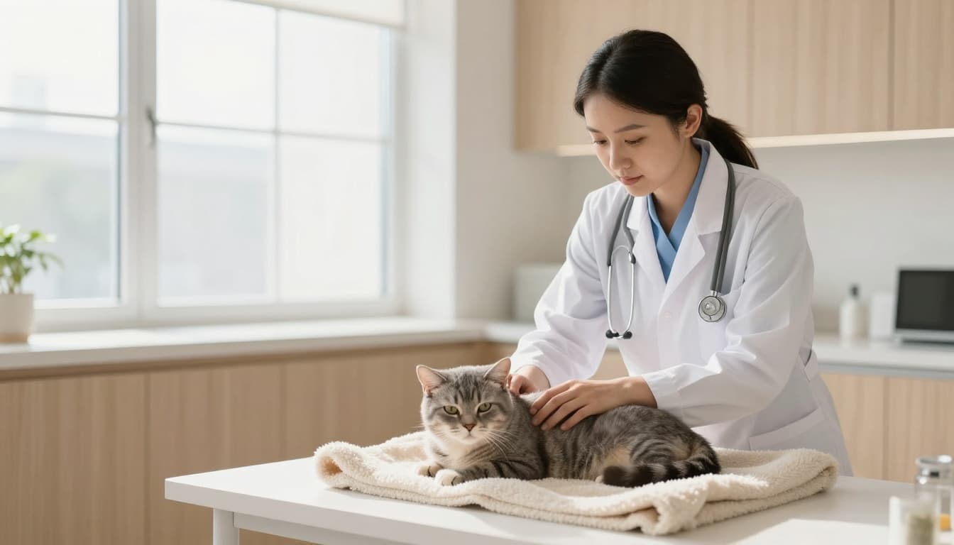 A compassionate veterinarian gently prepares to sedate a peaceful senior gray tabby cat on a soft blanket in a bright minimalist Scandinavian veterinary clinic.