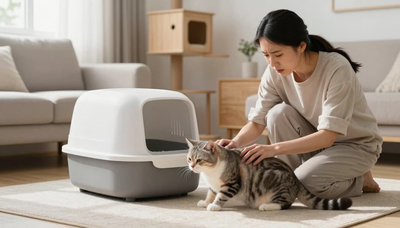 A concerned adult cat displays discomfort and slight straining near a modern litter box in a bright Scandinavian living room with minimalist decor and natural light.