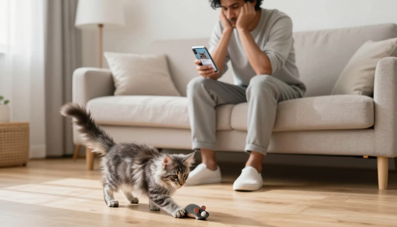 A concerned adult in casual clothes sits on a light beige sofa in a bright Scandinavian living room, holding a smartphone with a cheap Maine Coon kitten ad, while a fluffy real Maine Coon kitten plays with a toy mouse on the floor.