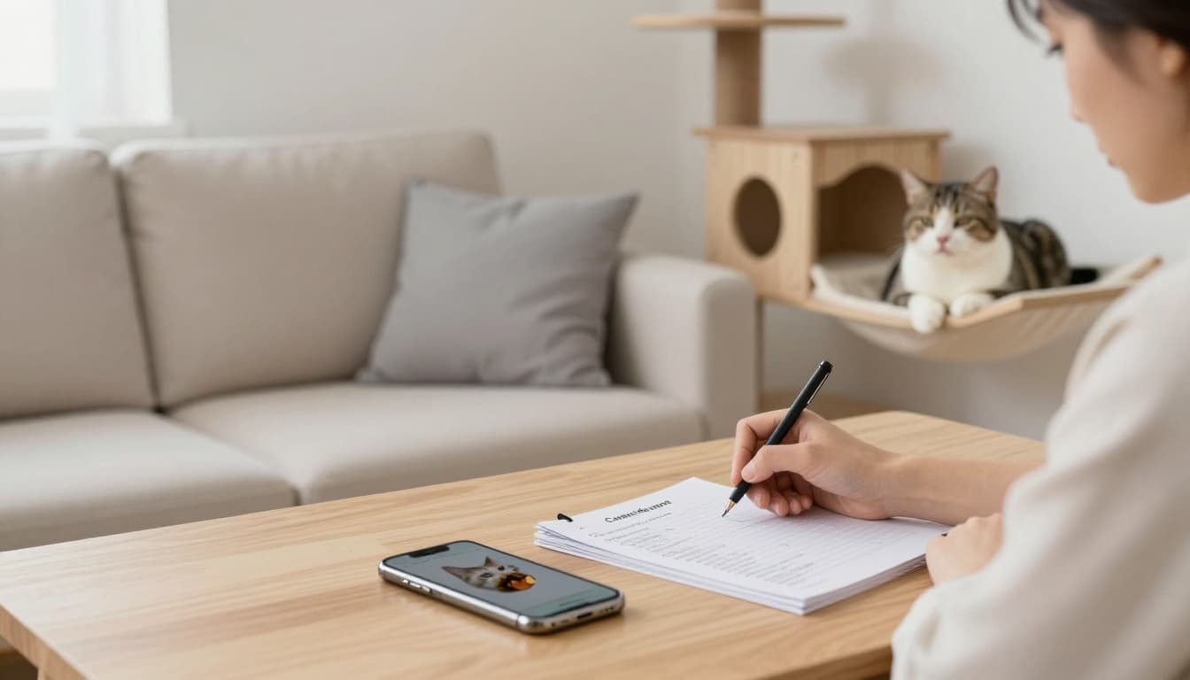 A concerned cat owner writes detailed notes in a cat health passport at a light wooden desk in a bright minimalist Scandinavian living room, with a smartphone showing a photo of cat vomit nearby and the relaxed cat on a wooden cat tree hammock in the background.