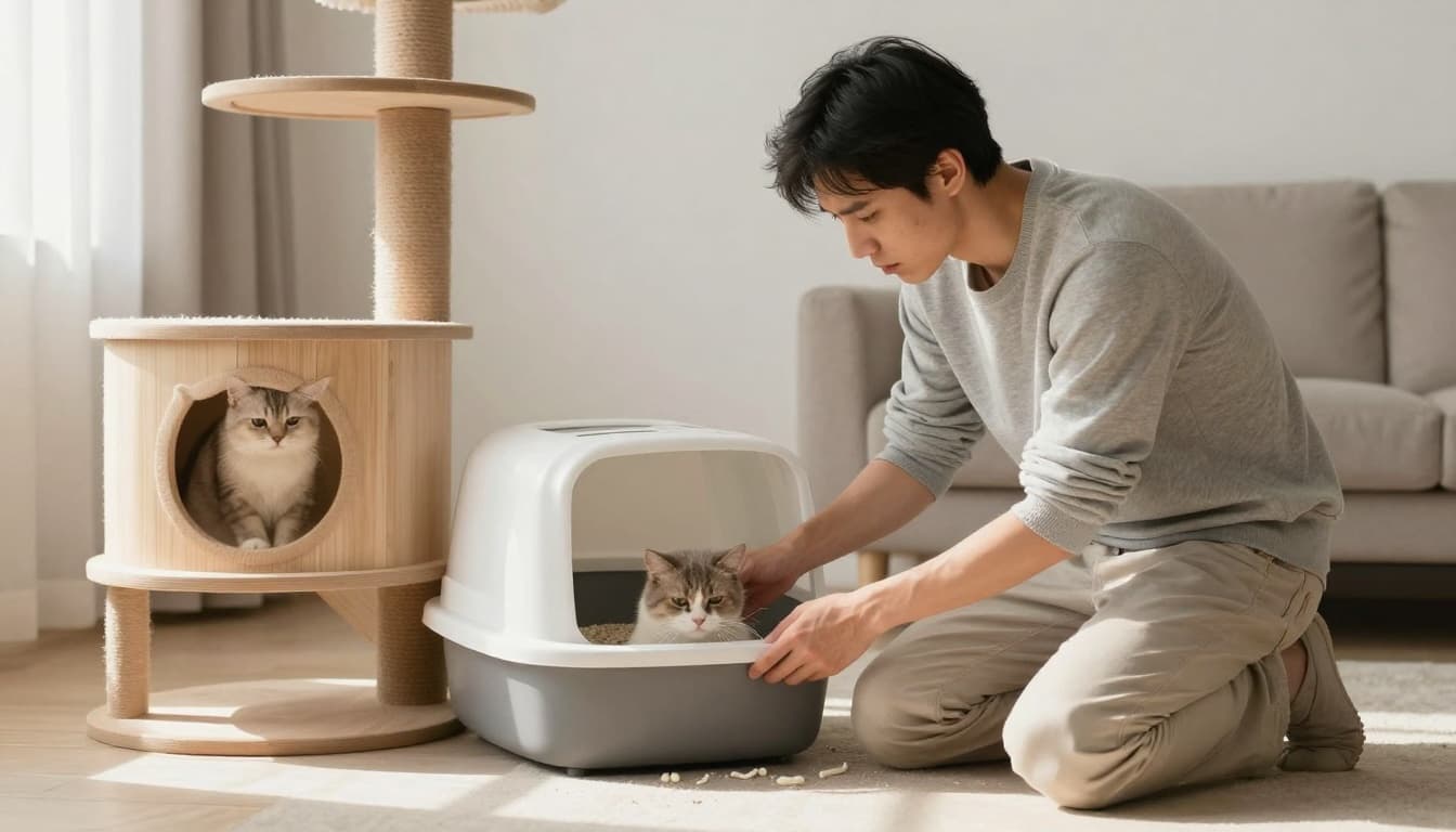 In a bright, modern Scandinavian living room with minimalist decor, a concerned cat owner kneels to inspect the litter box revealing subtle white worm segments, while a calm fluffy cat sits lethargically on a stylish wood cat tree.