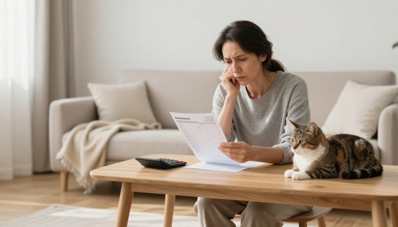 In a bright minimalist Scandinavian living room, a middle-aged owner sits thoughtfully reviewing a veterinary bill and calculator, with a calm domestic shorthair cat resting nearby on a soft blanket.