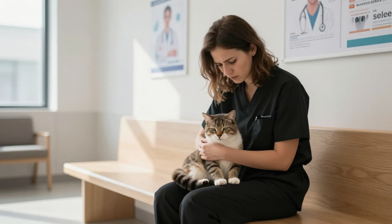A concerned cat owner holds a calm but unwell adult cat in a modern veterinary clinic waiting room with bright natural light and minimalist Scandinavian decor.